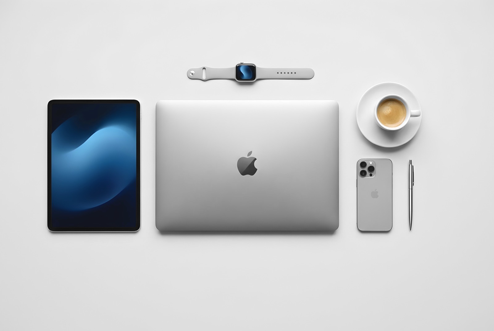 Apple-Arbeitsplatz mit MacBook, iPad, iPhone und Apple Watch