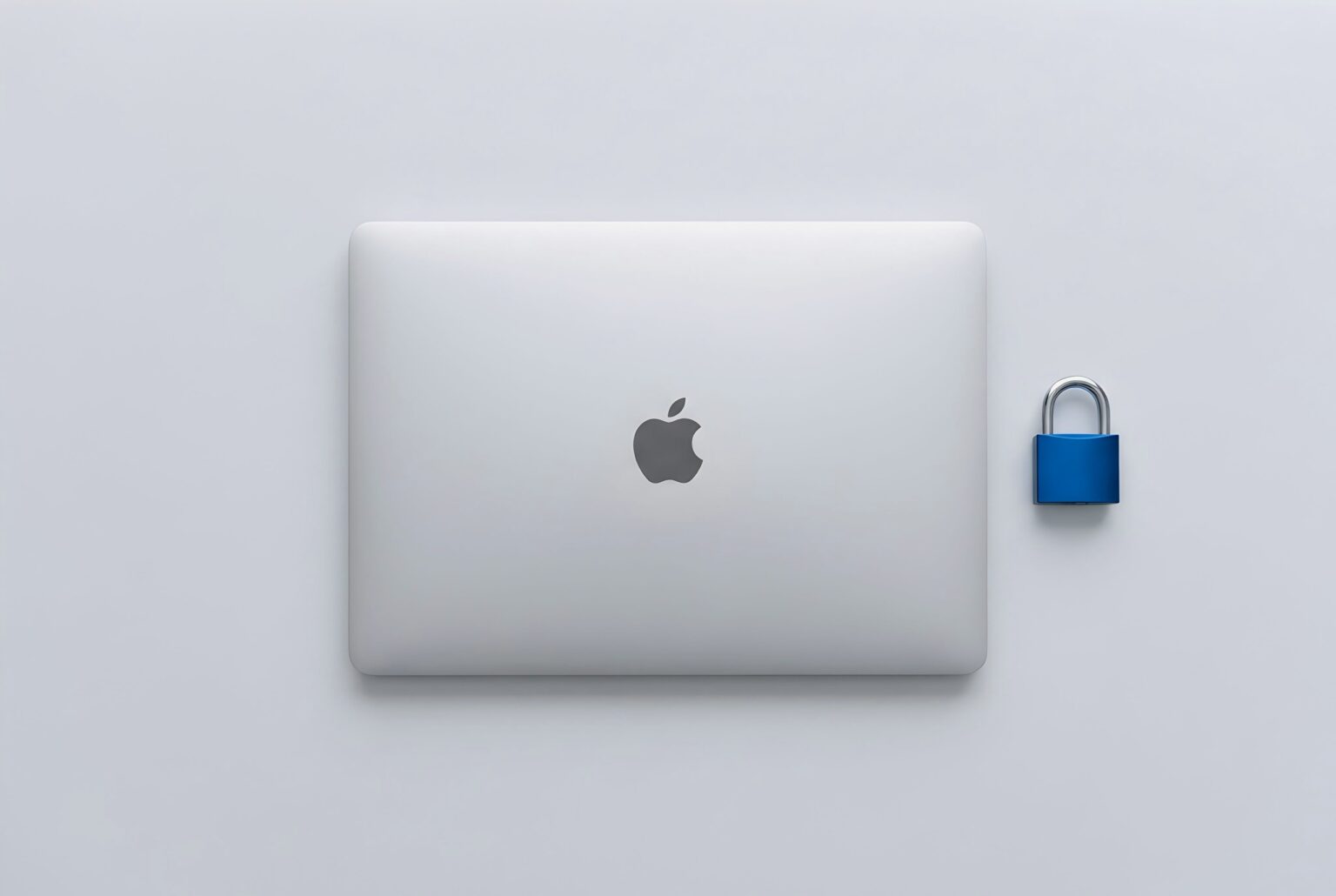 Geschlossenes MacBook mit blauem Vorhängeschloss, KMU Grundschutz von Landtwing